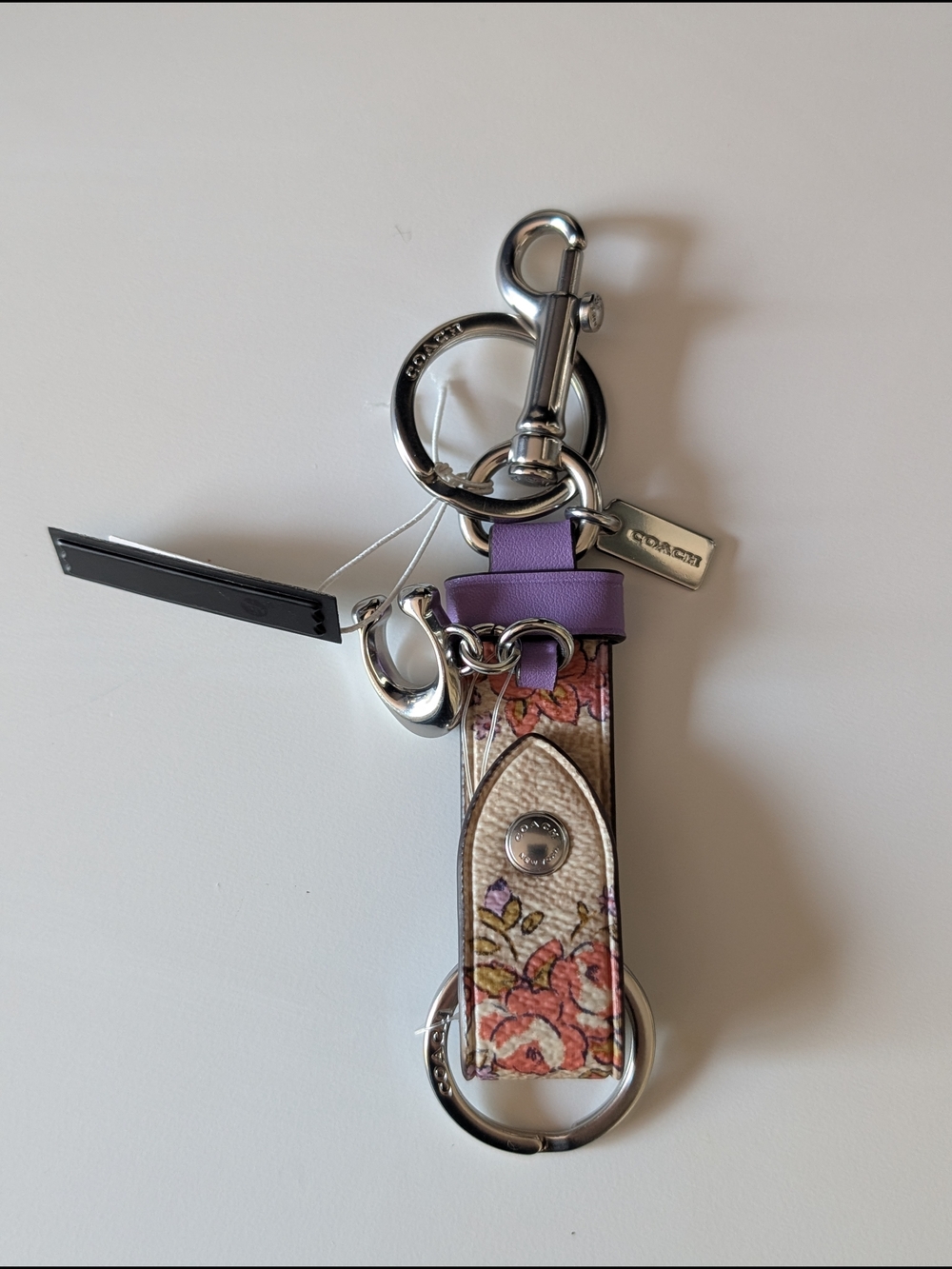 Coach Trigger Snap Bag Charm with Floral Print and Silver Hardware